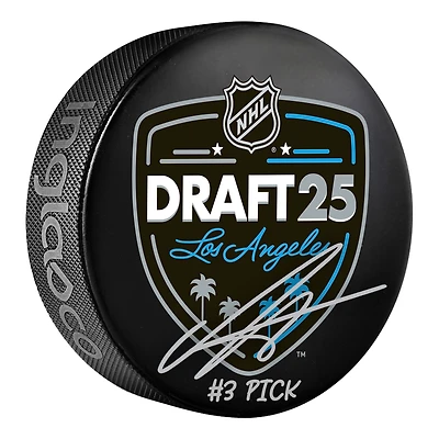 Rondelle de hockey autographiée par Anton Frondell des Blackhawks de Chicago, repêchage 2025 de la LNH, avec inscription « Choix n° 3 ».