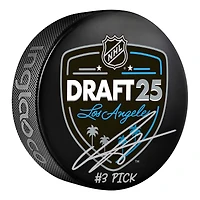 Rondelle de hockey autographiée par Anton Frondell des Blackhawks de Chicago, repêchage 2025 de la LNH, avec inscription « Choix n° 3 ».