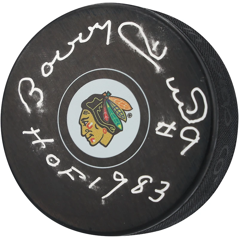 Rondelle de hockey autographiée par Bobby Hull des Blackhawks de Chicago avec plusieurs inscriptions