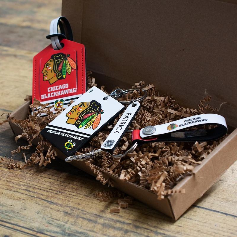 Chicago Blackhawks - Coffret cadeau trois pièces en cuir avec étiquette personnalisée