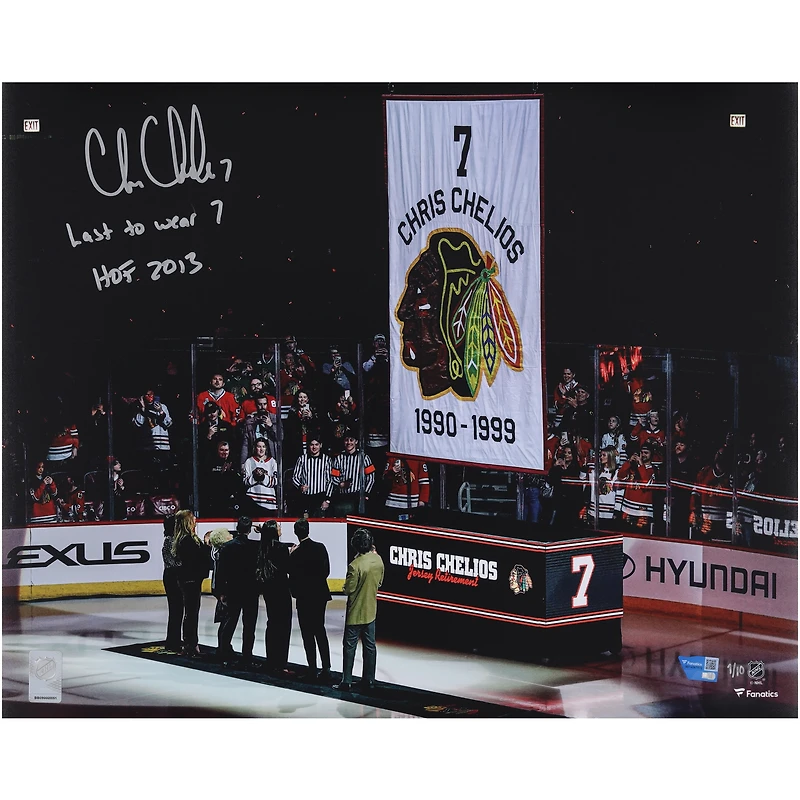 Chris Chelios Chicago Blackhawks Autographed 16" x 20" Jersey Retirement Night Photograph with Multiple Inscriptions