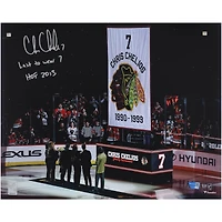 Chris Chelios Chicago Blackhawks Autographed 16" x 20" Jersey Retirement Night Photograph with Multiple Inscriptions