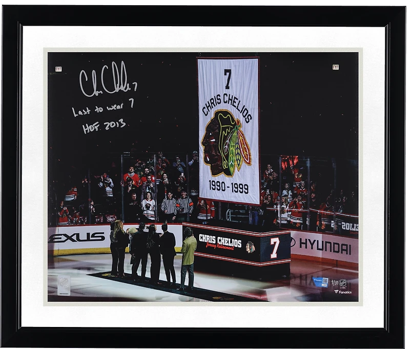 Photo dédicacée de Chris Chelios (Blackhawks de Chicago) - 40,6 x 50,8 cm (16 x 20 pouces) - Soirée de retrait de maillot - Édition limitée n° 1/10