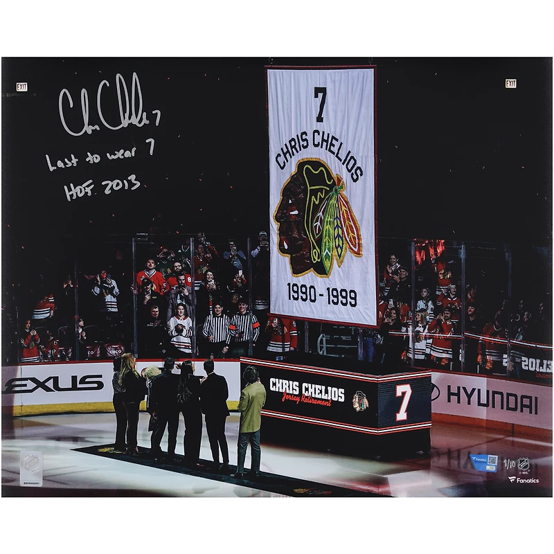 Chris Chelios Chicago Blackhawks Autographed 16" x 20" Jersey Retirement Night Photograph with Multiple Inscriptions