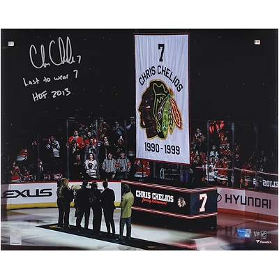 Chris Chelios Chicago Blackhawks Autographed 16" x 20" Jersey Retirement Night Photograph with Multiple Inscriptions