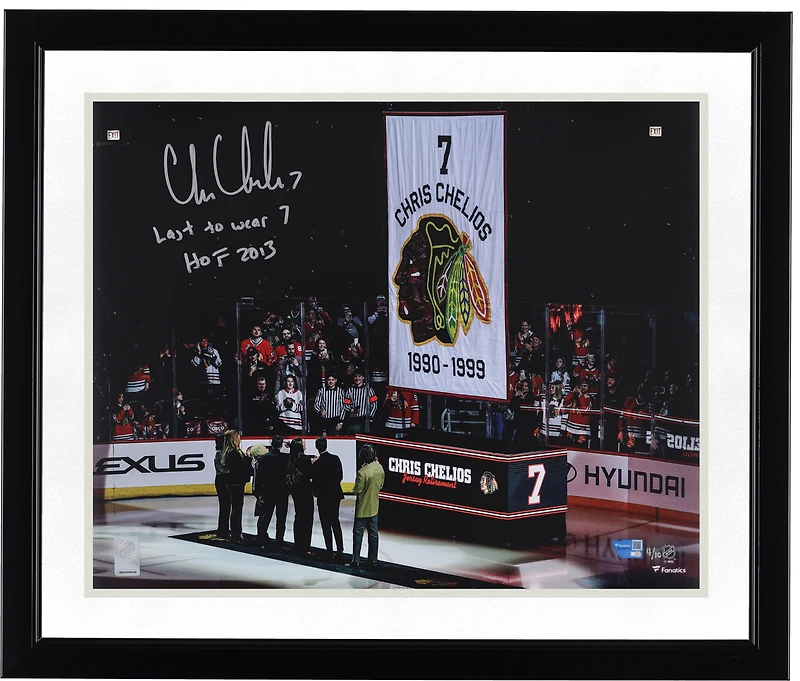 Photo dédicacée de Chris Chelios (Blackhawks de Chicago) - 40 x 50 cm - Soirée de retrait de son maillot - Édition limitée à 10 exemplaires