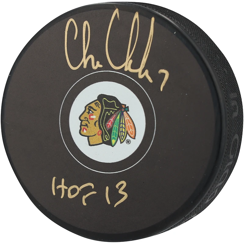 Chris Chelios Chicago Blackhawks Autographed Hockey Puck with "HOF 13" Inscription