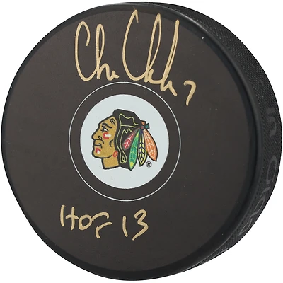 Chris Chelios Chicago Blackhawks Autographed Hockey Puck with "HOF 13" Inscription