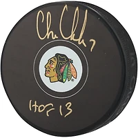 Chris Chelios Chicago Blackhawks Autographed Hockey Puck with "HOF 13" Inscription