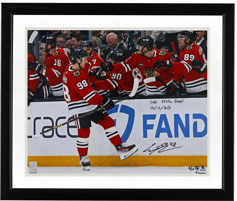 Connor Bedard Chicago Blackhawks Autographed 16" x 20" First NHL Goal Celebration Photograph with "1st NHL Goal 10/11/23" Inscription - Limited Edition of 10