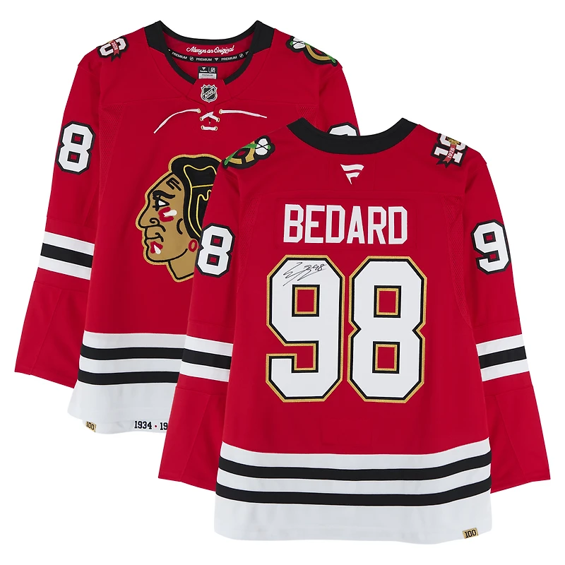 Maillot Fanatics Premium autographié de Connor Bedard, des Blackhawks de Chicago, saison du centenaire rouge 2025