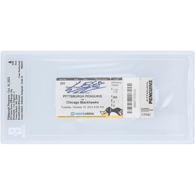 Billet de match autographié de Connor Bedard (Blackhawks de Chicago) pour son premier match en LNH, authentifié par Beckett Fanatics Witness le 10 octobre 2023.