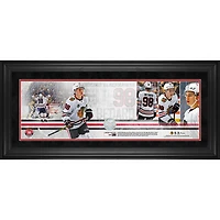 Panoramique encadré de 10" x 30" de Connor Bedard des Blackhawks de Chicago, premier match de la LNH, avec un morceau de filet utilisé lors du premier match de la LNH - Édition limitée à 198 exemplaires