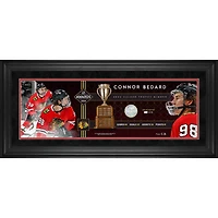 Connor Bedard Chicago Blackhawks Encadré 2024 Calder Memorial Trophy Gagnant 10" x 30" Panoramique avec un morceau de filet utilisé lors du premier match de la LNH - Édition limitée à 198