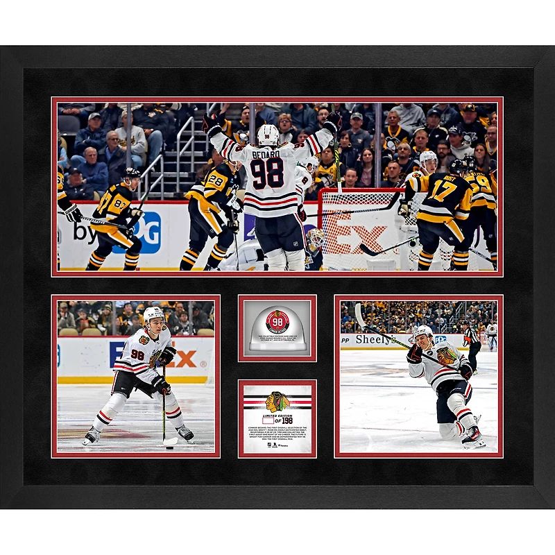 Collage encadré de 3 photographies de 20" x 24" de Connor Bedard, Blackhawks de Chicago, avec glace utilisée lors du premier match de la LNH - Édition limitée à 198 exemplaires