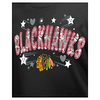 T-shirt à paillettes noir pour fille New Era Chicago Blackhawks