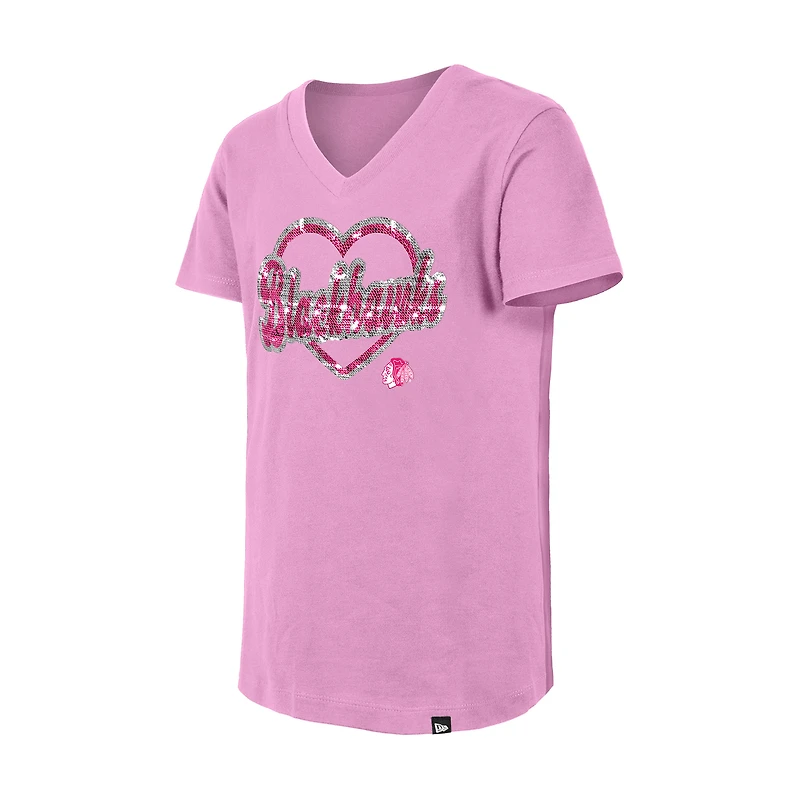 T-shirt à col en V paillettes roses Chicago Blackhawks de New Era pour fille