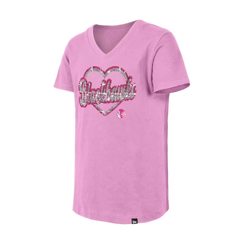 Girl's Youth New Era Pink Chicago Blackhawks Flip Sequin V-Neck T-Shirt