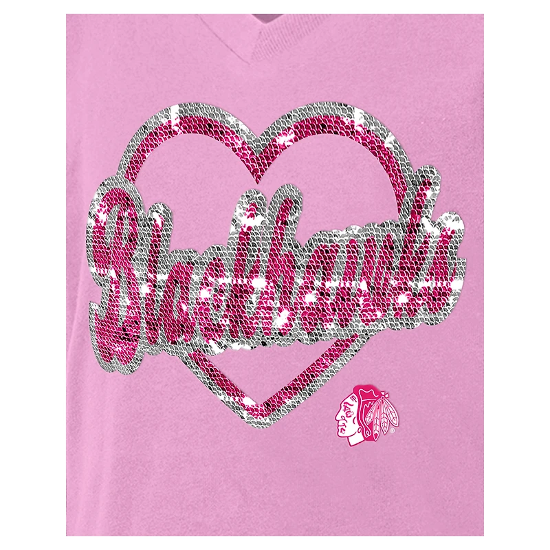 Girl's Youth New Era Pink Chicago Blackhawks Flip Sequin V-Neck T-Shirt