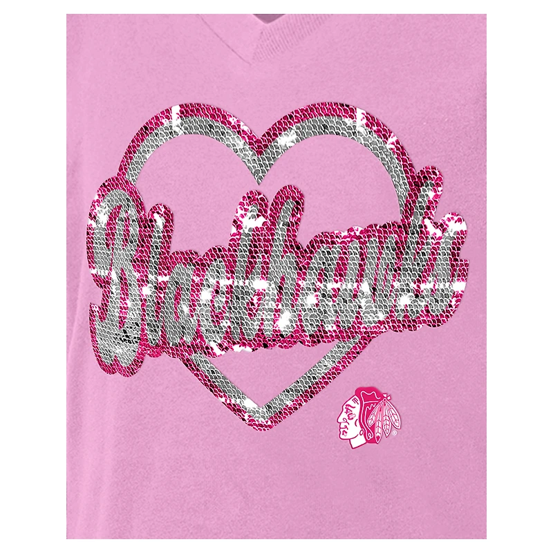 T-shirt à col en V paillettes roses Chicago Blackhawks de New Era pour fille