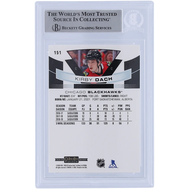 Kirby Dach Chicago Blackhawks Autographed 2019-20 Upper Deck O-Pee-Chee Platinum Marquee Rookies #151 Beckett Fanatics Witnessed Authenticated Rookie Card