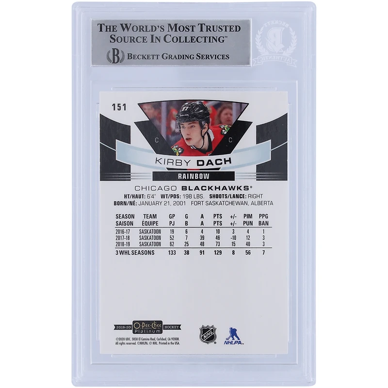 Kirby Dach Chicago Blackhawks Autographed 2019-20 Upper Deck O-Pee-Chee Platinum Marquee Rookies Rainbow #151 Beckett Fanatics Witnessed Authenticated Rookie Card