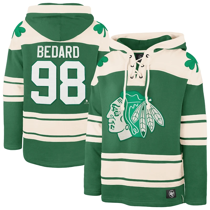 Sweat à capuche lacets pour homme '47 Connor Bedard Kelly Green Chicago Blackhawks St. Patrick's Day Player Name & Number
