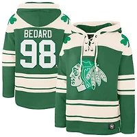 Sweat à capuche lacets pour homme '47 Connor Bedard Kelly Green Chicago Blackhawks St. Patrick's Day Player Name & Number