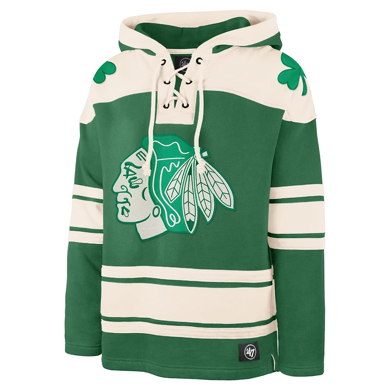 Sweat à capuche lacets pour homme '47 Connor Bedard Kelly Green Chicago Blackhawks St. Patrick's Day Player Name & Number