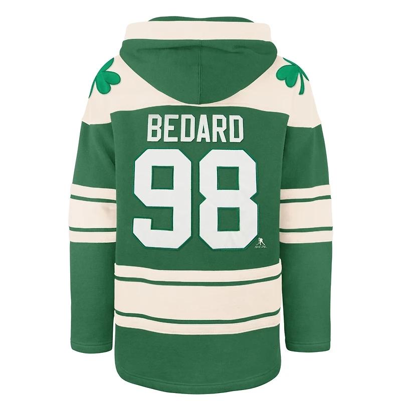 Sweat à capuche lacets pour homme '47 Connor Bedard Kelly Green Chicago Blackhawks St. Patrick's Day Player Name & Number