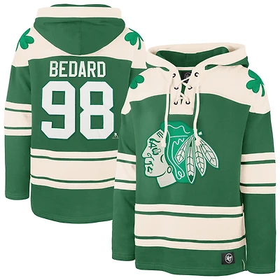 Sweat à capuche lacets pour homme '47 Connor Bedard Kelly Green Chicago Blackhawks St. Patrick's Day Player Name & Number