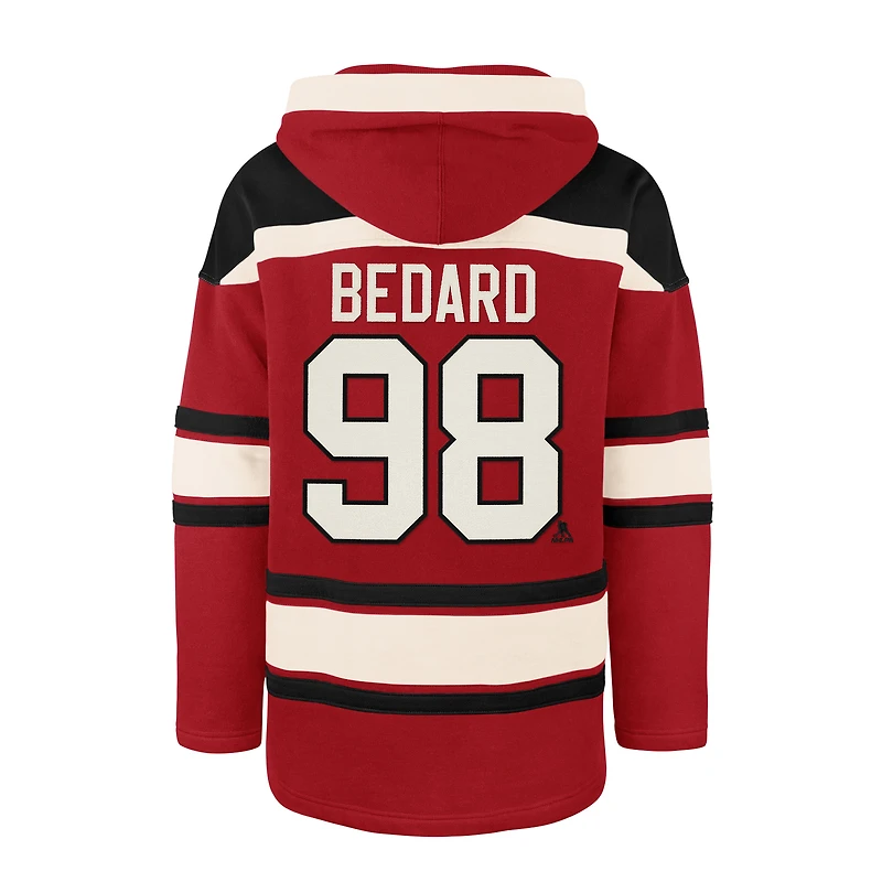 Men's '47 Connor Bedard Red Chicago Blackhawks Player Name & Number Lacer Pullover Hoodie