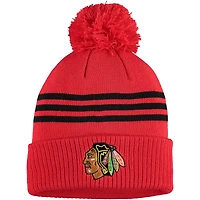 Bonnet en tricot à revers à trois bandes adidas pour hommes, bleu marine, Chicago Blackhawks Locker Room avec pompon