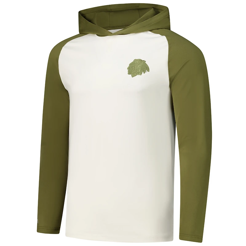 Men's Antigua Cream/Olive Chicago Blackhawks Intrepid Sand Raglan Long Sleeve Hoodie T-Shirt