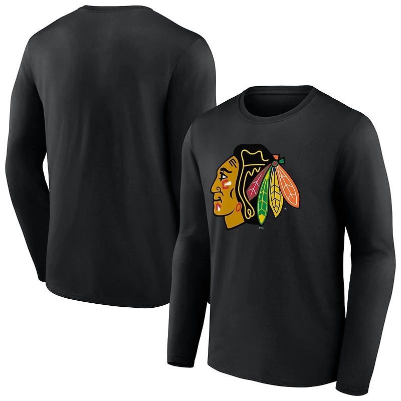 T-shirt à manches longues noir pour homme avec logo principal des Blackhawks de Chicago