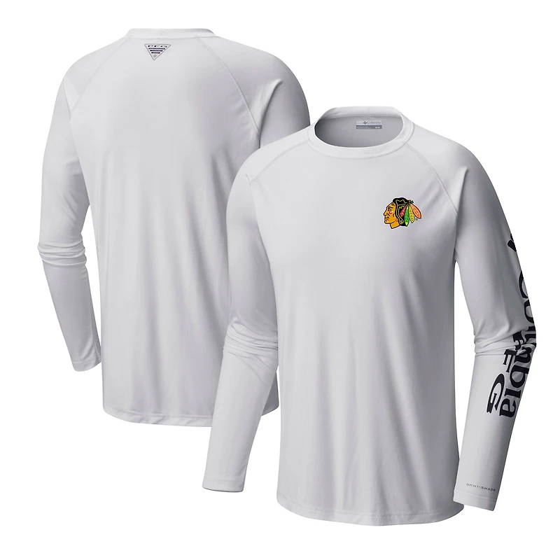 T-shirt blanc à manches longues raglan Columbia Blackhawks Terminal Tackle Omni-Shade pour hommes