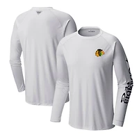 T-shirt blanc à manches longues raglan Columbia Blackhawks Terminal Tackle Omni-Shade pour hommes