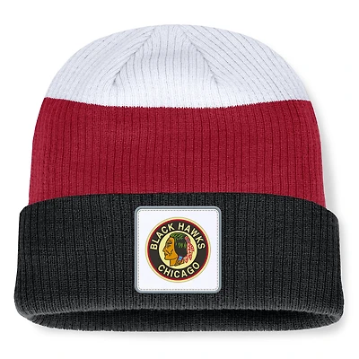 Bonnet en tricot à revers color-block noir/rouge Chicago Blackhawks Heritage Showboat pour homme Fanatics