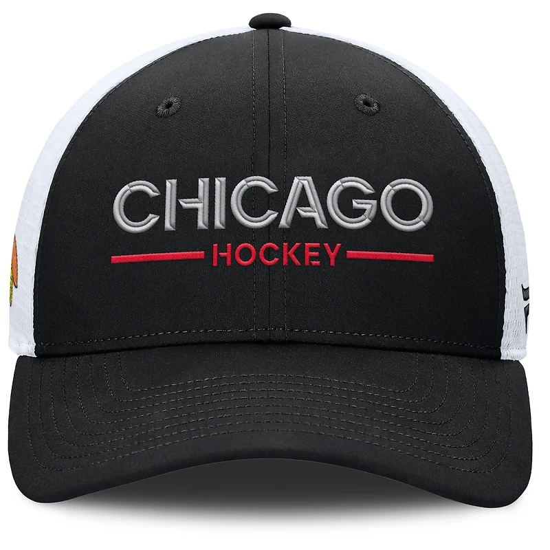 Men's Fanatics Black/White Chicago Blackhawks Authentic Pro Rink Lockup Adjustable Trucker Hat