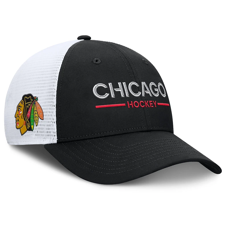 Men's Fanatics Black/White Chicago Blackhawks Authentic Pro Rink Lockup Adjustable Trucker Hat