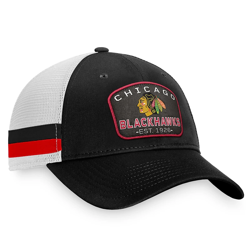 Men's Fanatics Black/White Chicago Blackhawks Fundamental Striped Trucker Adjustable Hat