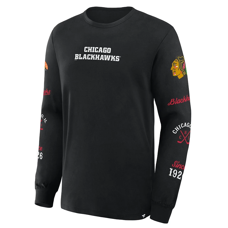 T-shirt à manches longues Fanatics pour homme, noir, Chicago Blackhawks, avec logo Legacy