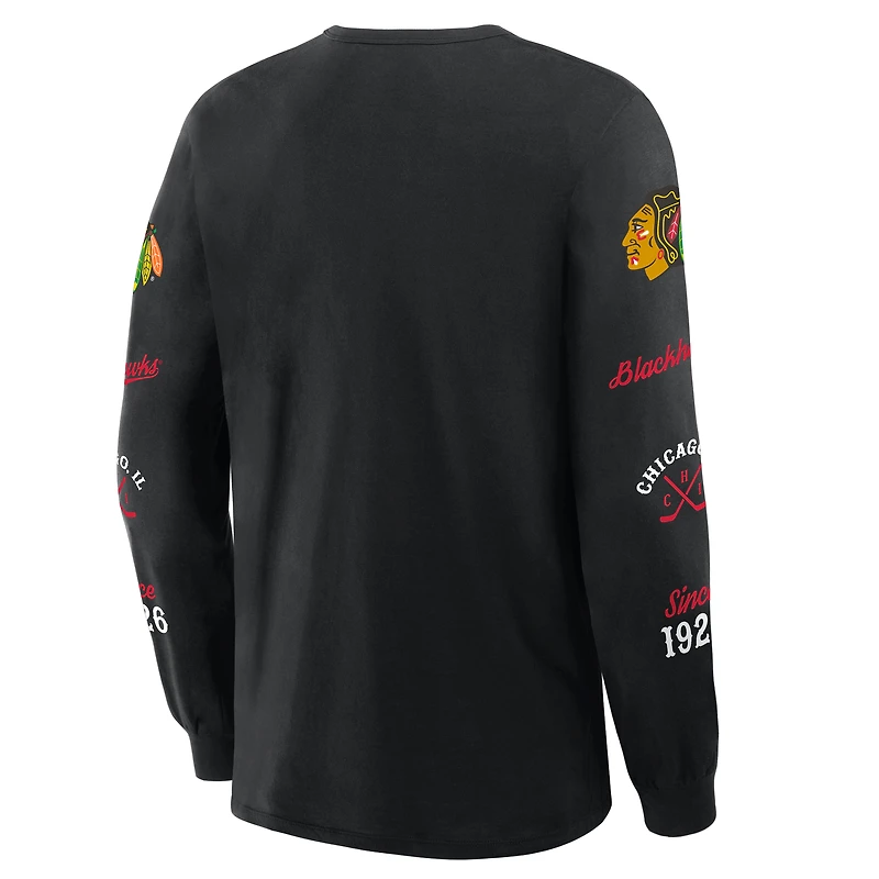 T-shirt à manches longues Fanatics pour homme, noir, Chicago Blackhawks, avec logo Legacy