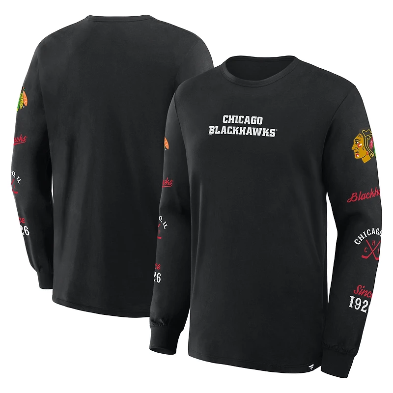 T-shirt à manches longues Fanatics pour homme, noir, Chicago Blackhawks, avec logo Legacy