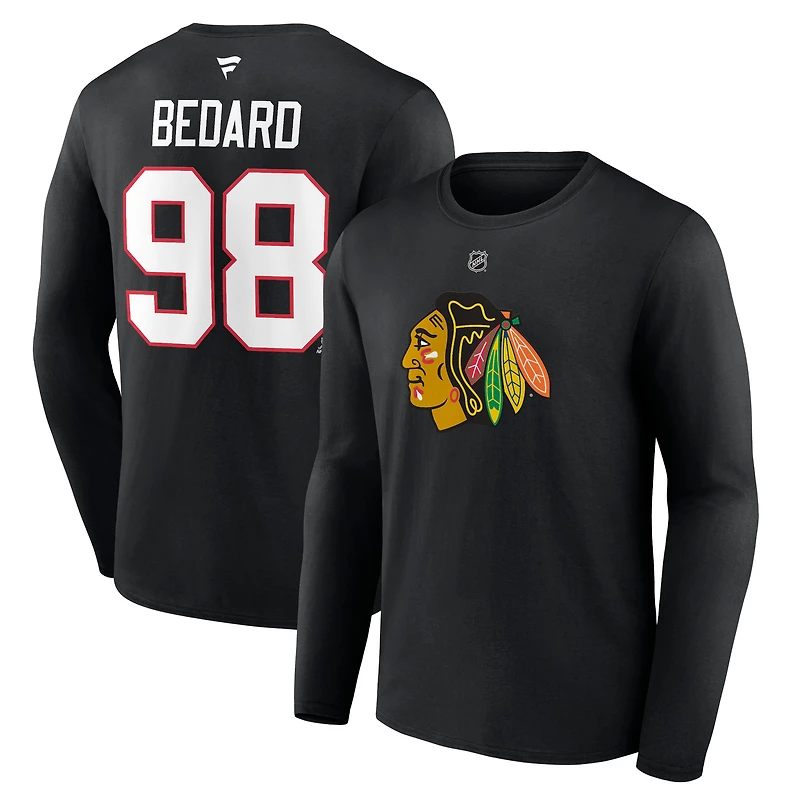 T-shirt authentique à manches longues Fanatics Connor Bedard noir des Blackhawks de Chicago, avec nom et numéro.