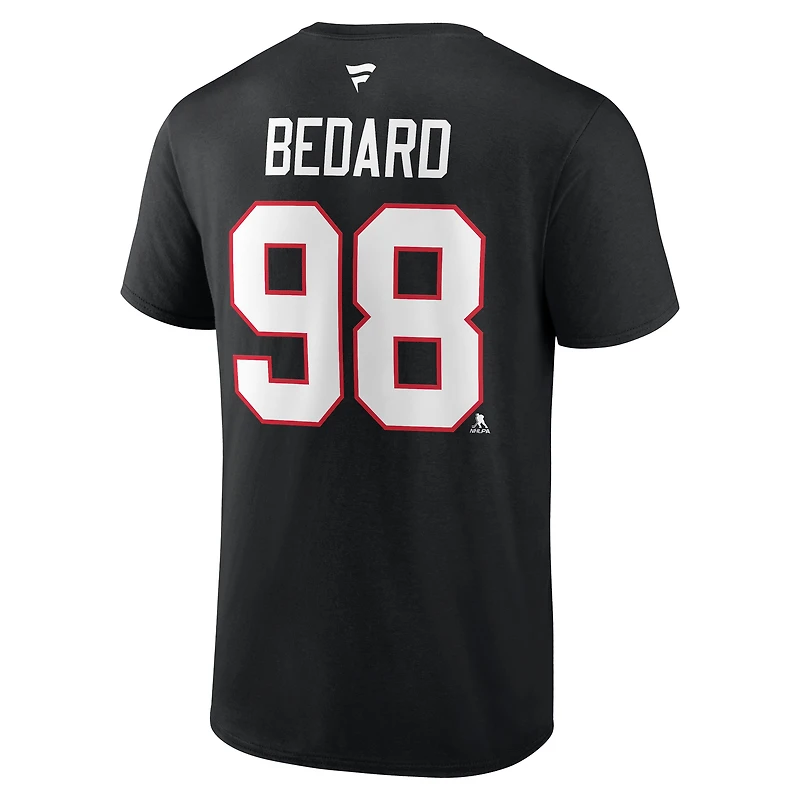 T-shirt authentique Fanatics Connor Bedard rouge Chicago Blackhawks pour homme, avec nom et numéro superposés