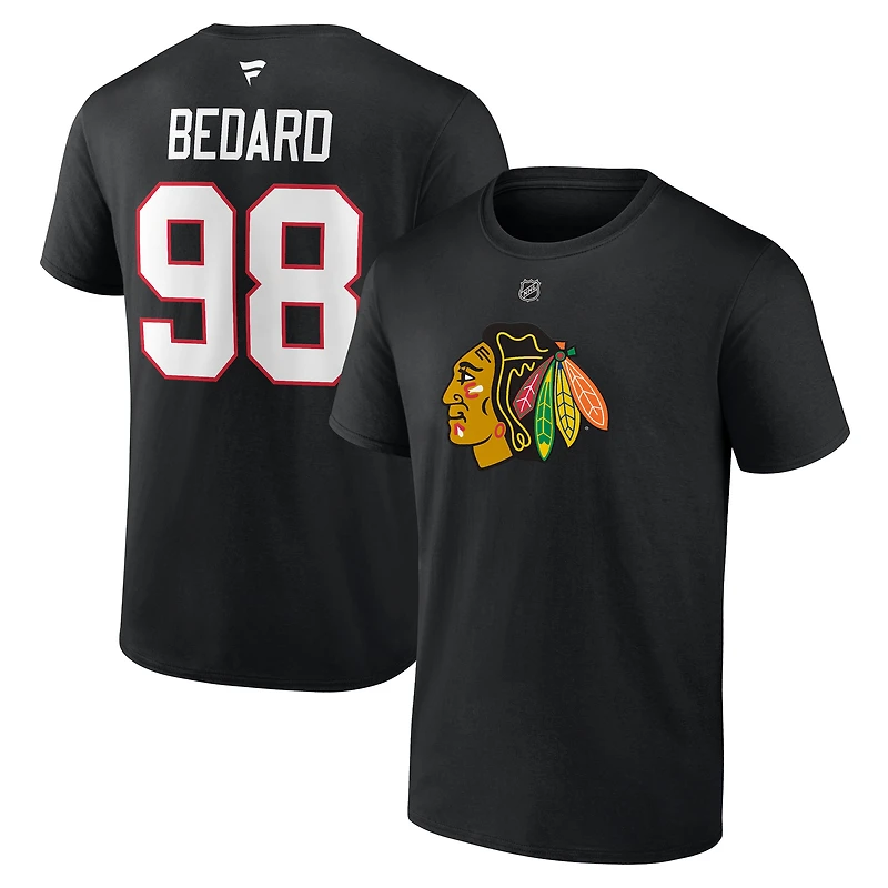 T-shirt authentique Fanatics Connor Bedard rouge Chicago Blackhawks pour homme, avec nom et numéro superposés