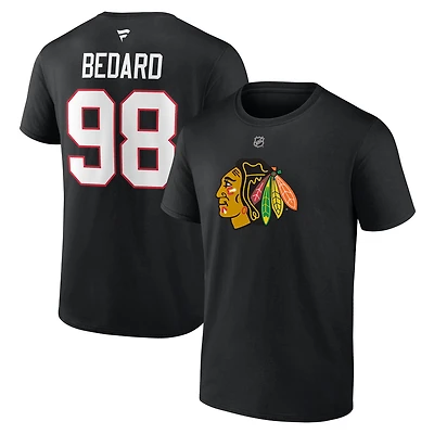 T-shirt authentique Fanatics Connor Bedard rouge Chicago Blackhawks pour homme, avec nom et numéro superposés