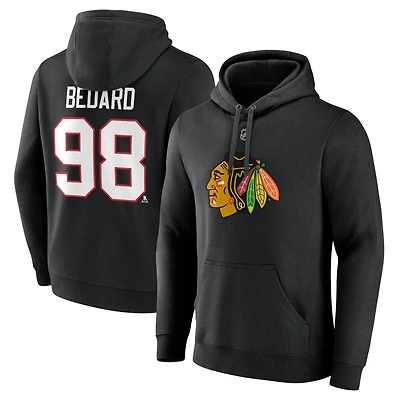 Men's Fanatics Connor Bedard Black Chicago Blackhawks Authentic Stack Name & Number Tri-Blend Pullover Hoodie