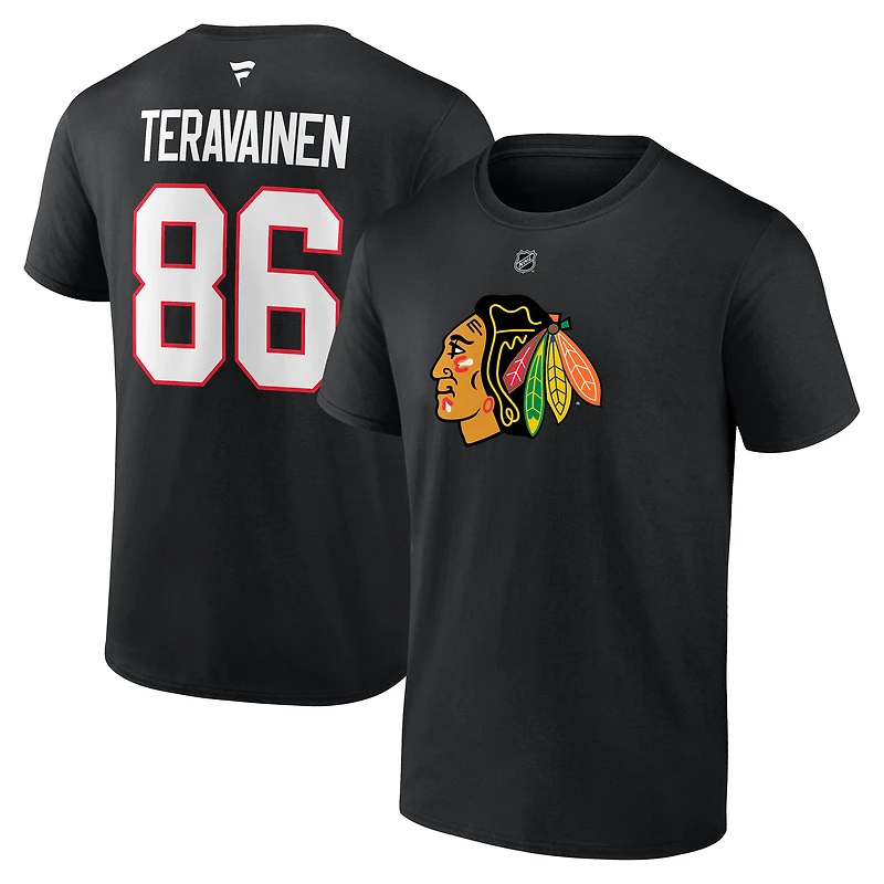 T-shirt authentique Fanatics Teuvo Teravainen noir Chicago Blackhawks avec nom et numéro superposés